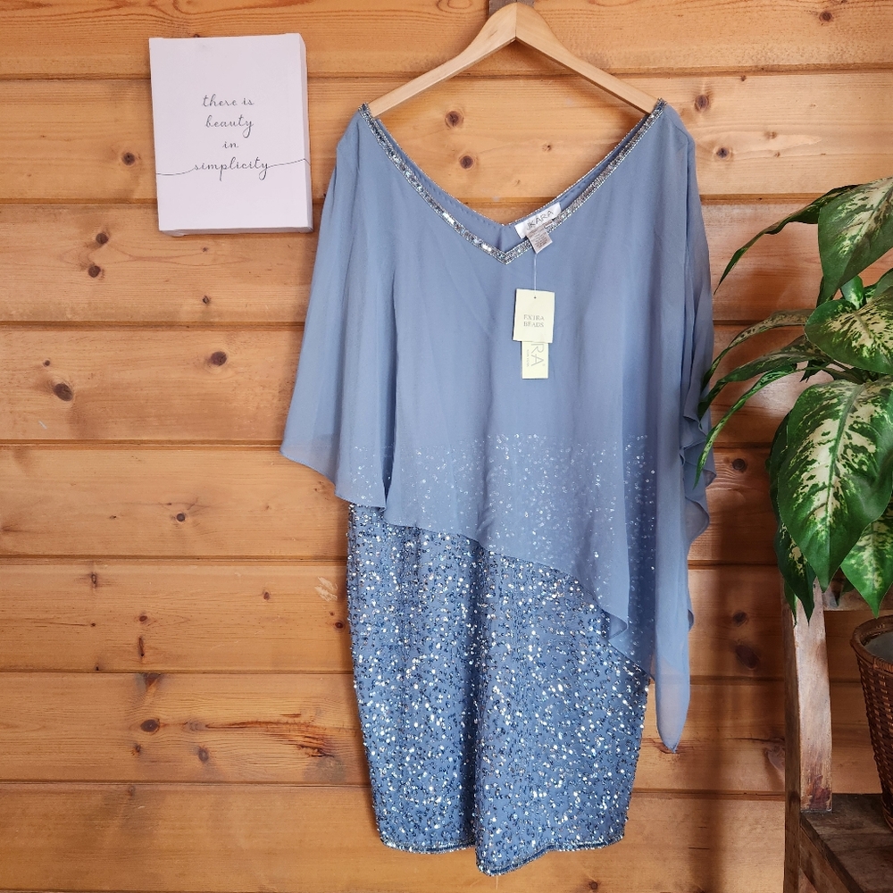 J Kara NWT Caplet VNeck Short Cocktail Beaded Sequin Dress Dusty Blue Plus Sz 22